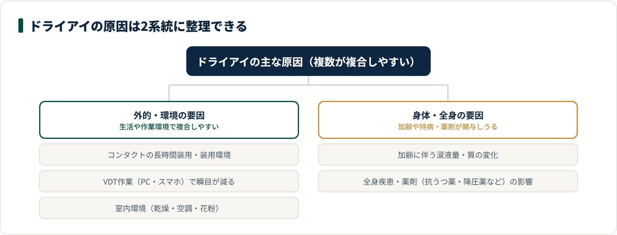 ドライアイの原因を外的・環境の要因と身体・全身の要因の2系統に分類し、5つの要因を整理した図。