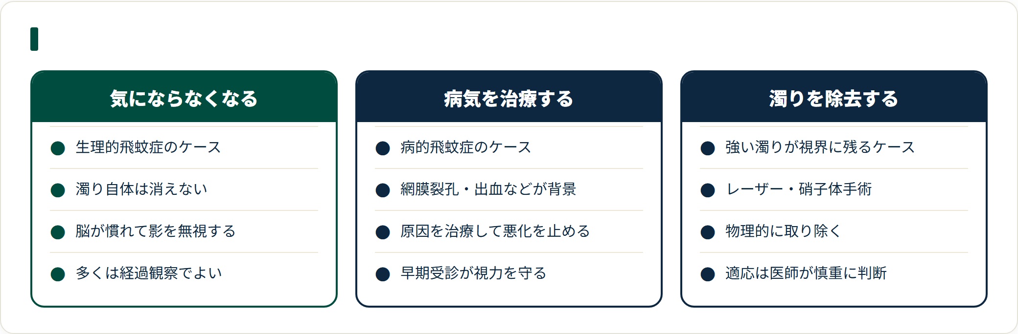 飛蚊症が治るには、脳が慣れて気にならなくなる、原因の病気を治療する、濁りを除去するの3つの意味があり、生理的か病的かで対応が変わる。