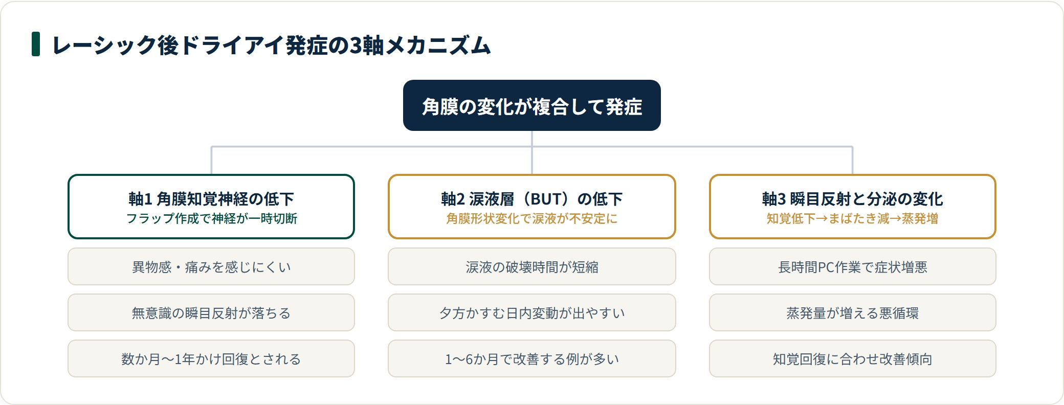 レーシック後ドライアイの発症は角膜知覚神経の低下・涙液層の不安定化・瞬目反射の変化という3軸が複合して起こる目安の整理。