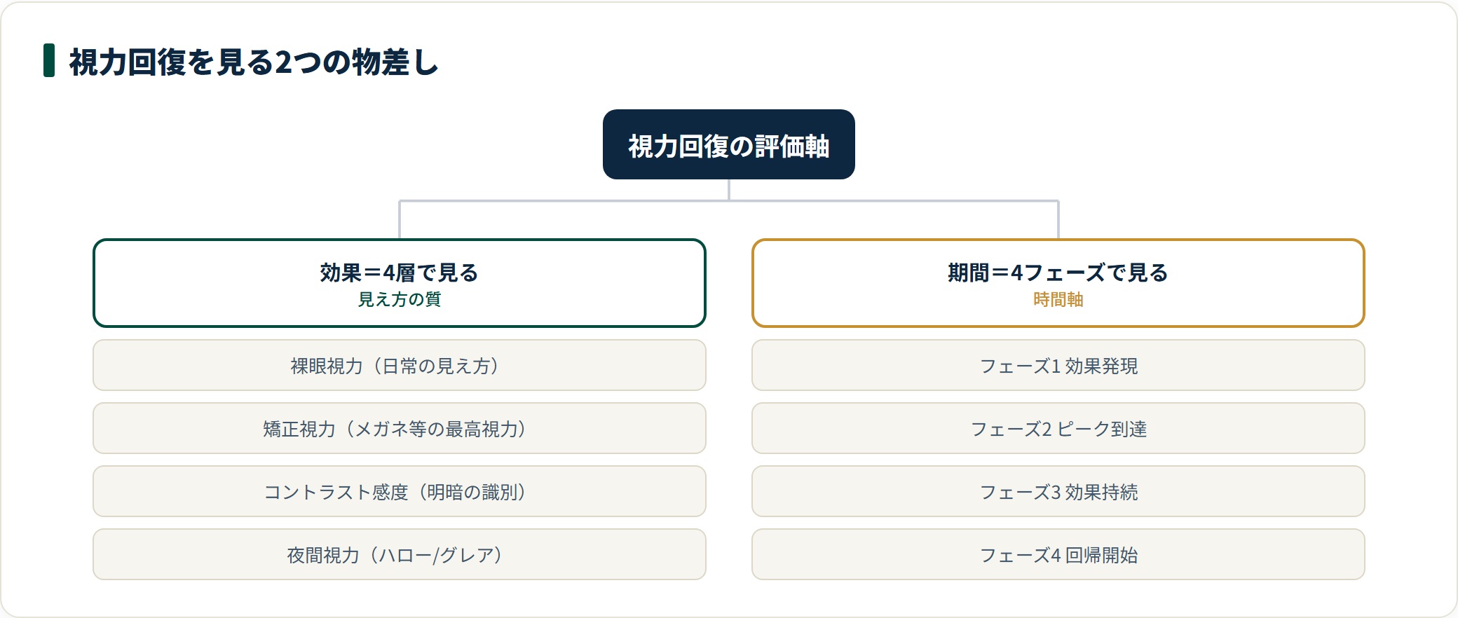 視力回復の評価軸を効果4層と期間4フェーズに分けて整理したツリー図。